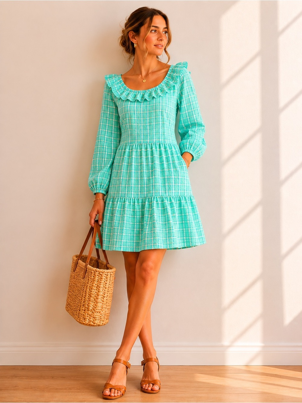 J.Crew Factory | Aqua Plaid Ruffle Neck Tiered Mini Dress Size 6 NWT